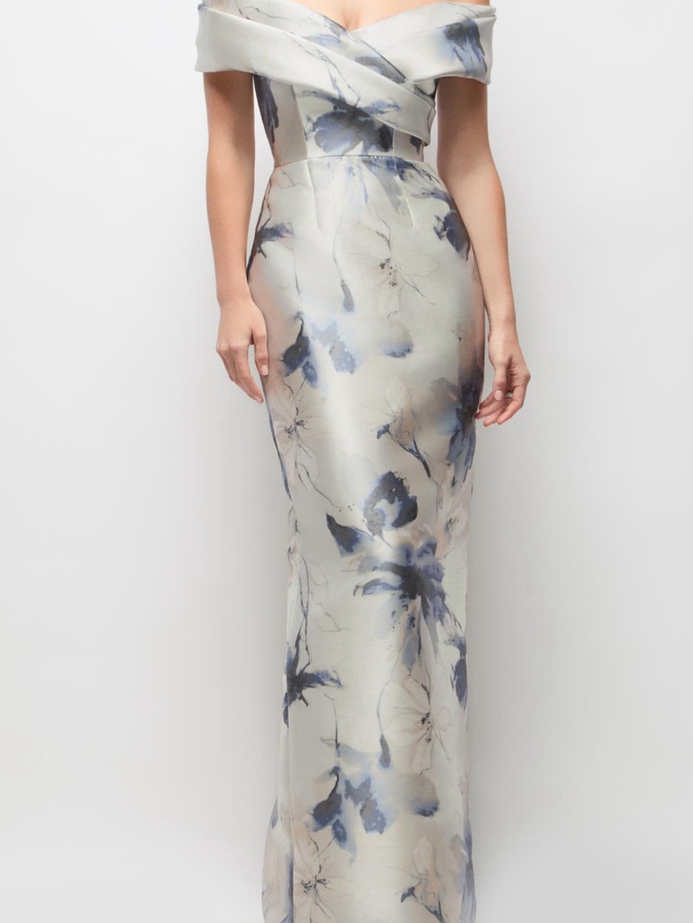 ALFRED SUNG Constance Light gray and Blue Floral Off-Shoulder Maxi Dress